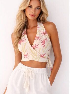 Anthropologie  top Pin up Floral Wrap Halter Crop  blouses Women's  Size L